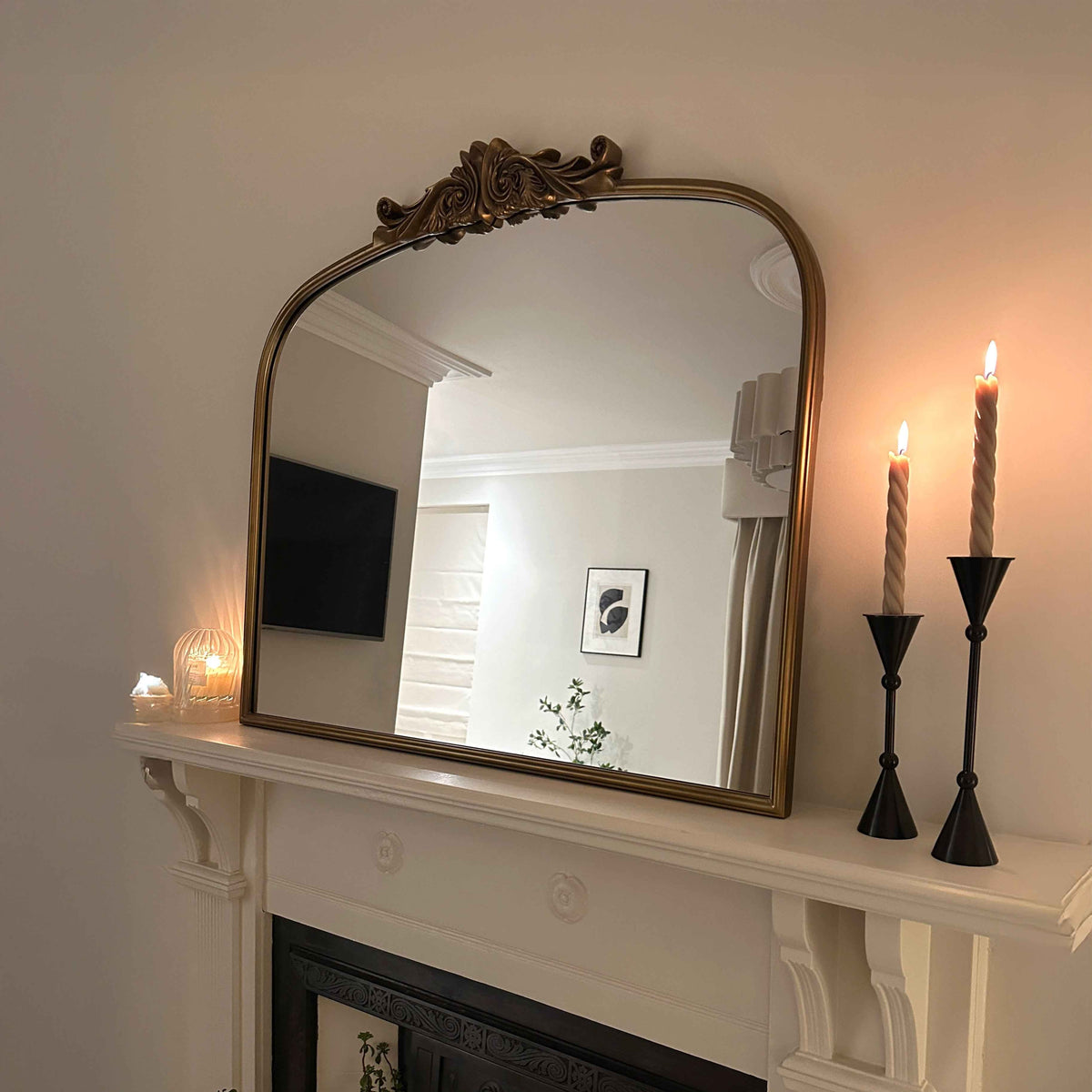 Amelia - Miroir de Cheminée Arqué en Métal Doré 100cm x 87cm