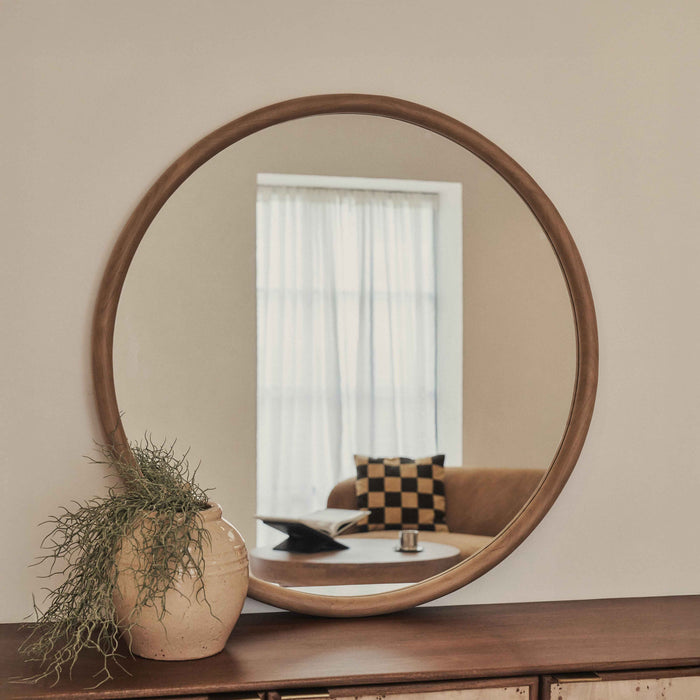 Amora - Grand miroir mural rond en bois chaud 100 cm x 100 cm