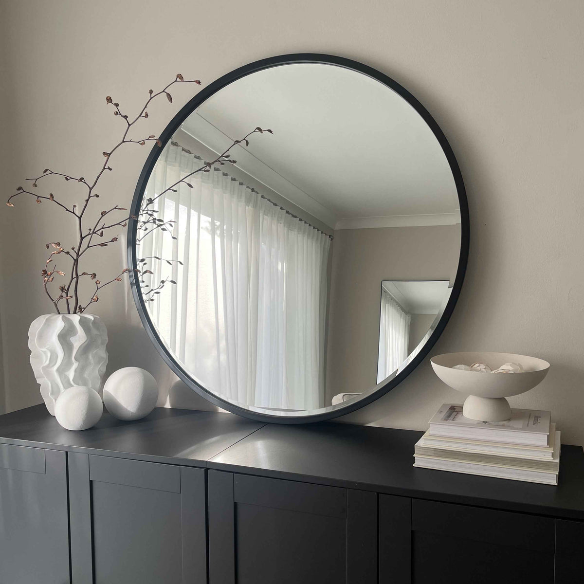 Higgins - Miroir Mural Rond Moderne en Métal Noir 80cm x 80cm