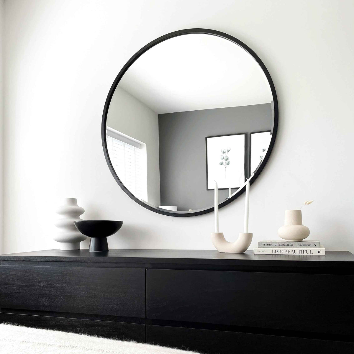 Higgins - Miroir Mural Rond Moderne en Métal Noir 100cm x 100cm