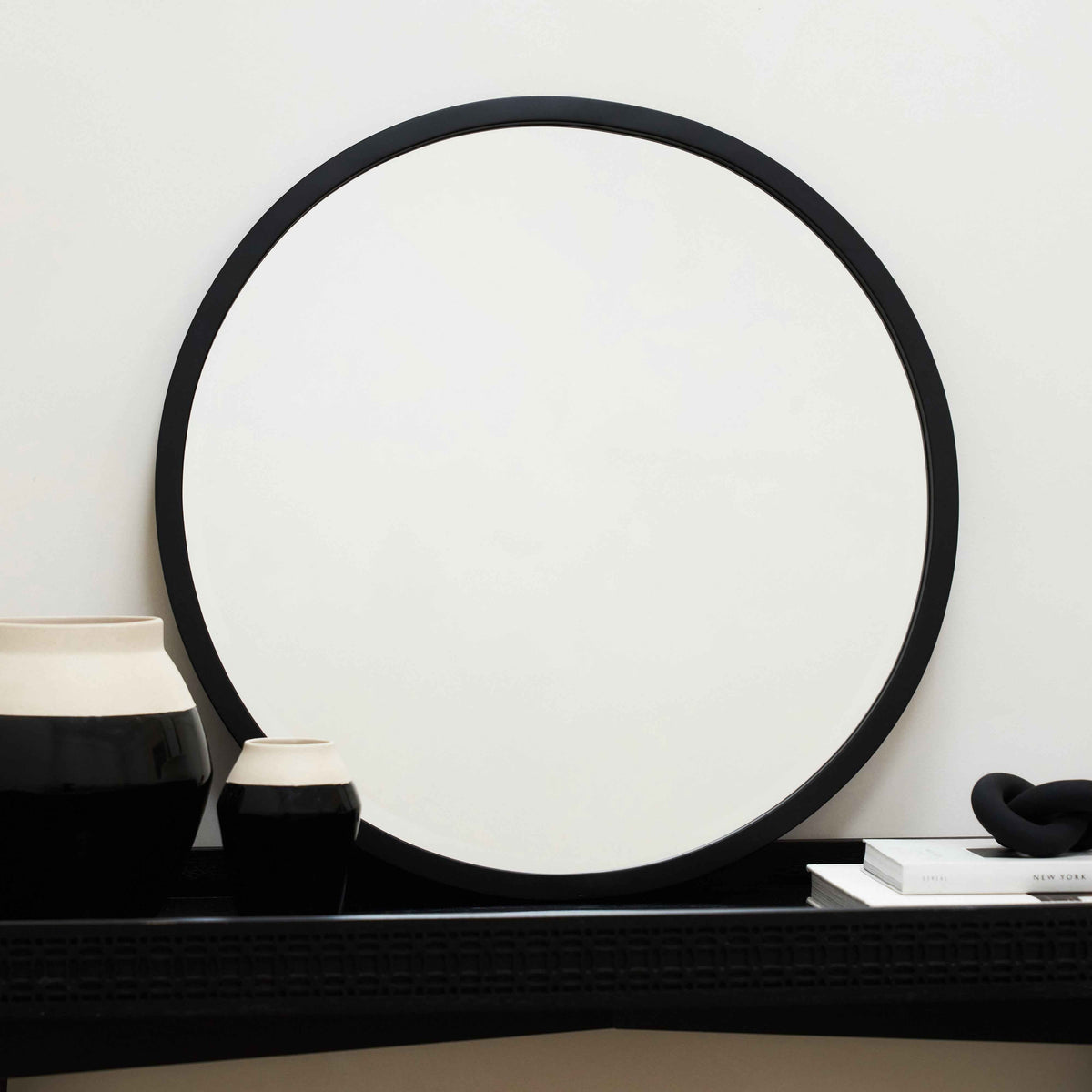 Higgins - Miroir Mural Rond Moderne en Métal Noir 40cm x 40cm