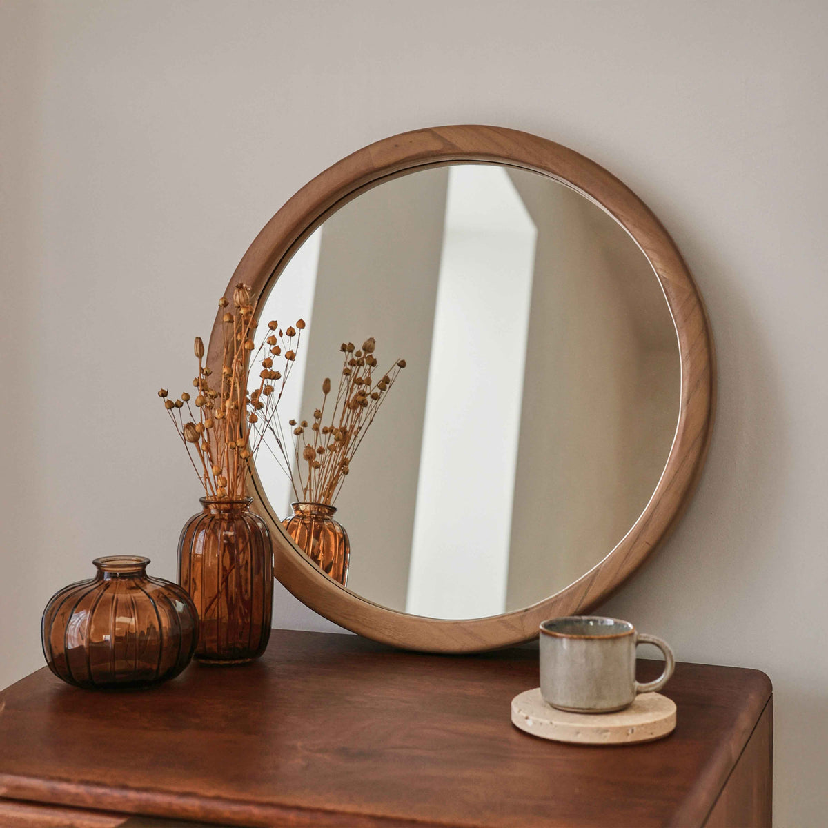 Arden - Miroir Mural Rond en Bois Chaud 40cm x 40cm