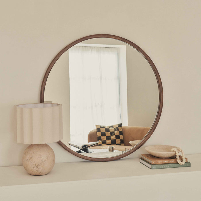 Arden - Grand miroir mural rond en bois foncé 90cm x 90cm