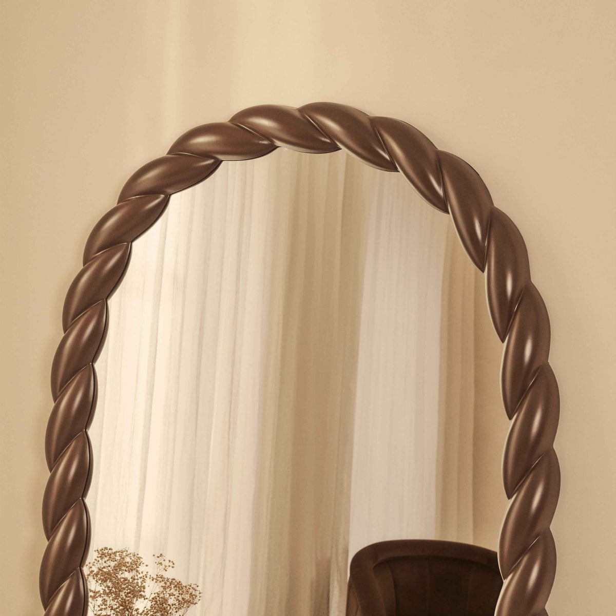 Ophelia - Miroir Extra Large Arqué Torsadé en Corde Finition Chocolat Brillant 180cm x 105cm