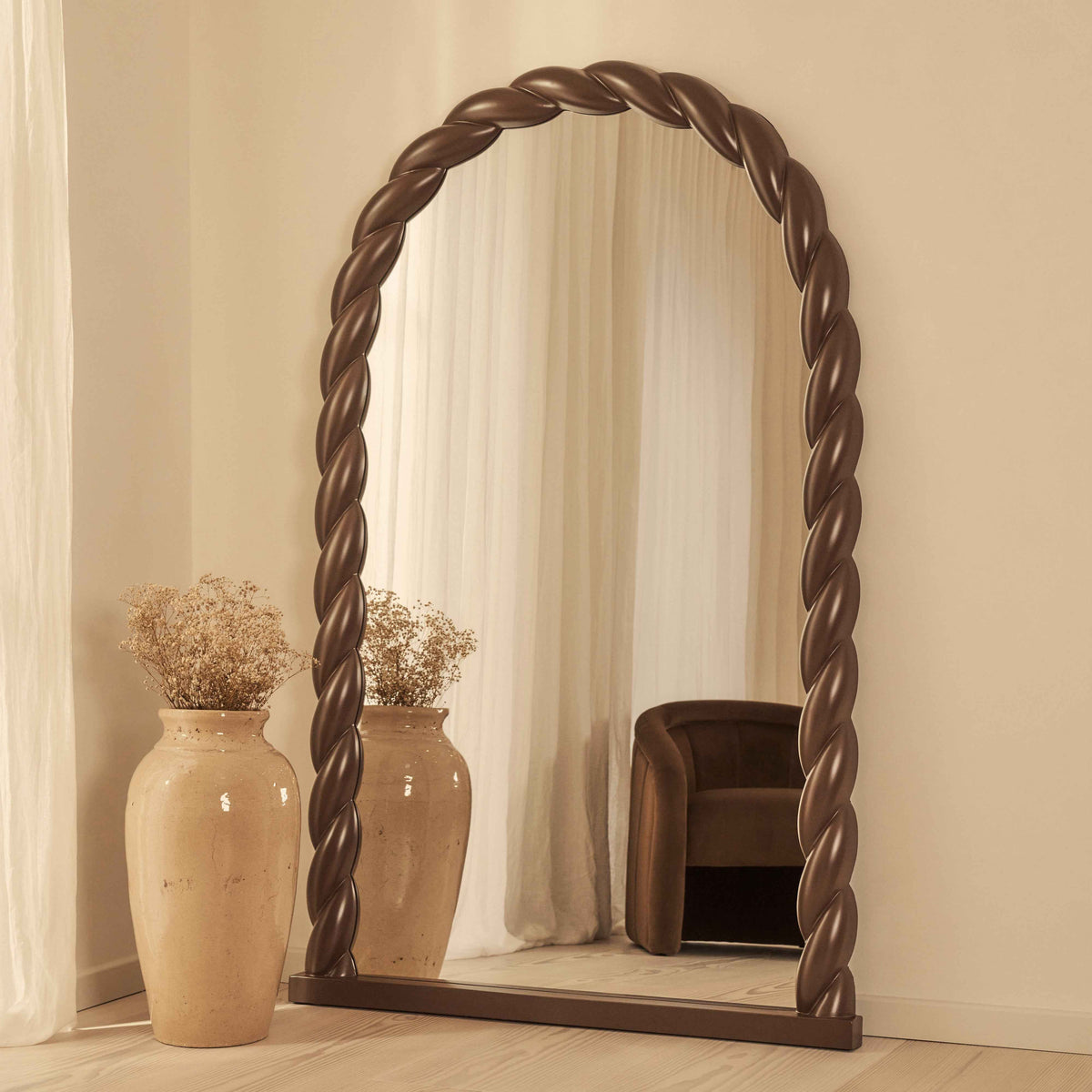 Ophelia - Miroir Extra Large Arqué Torsadé en Corde Finition Chocolat Brillant 180cm x 105cm