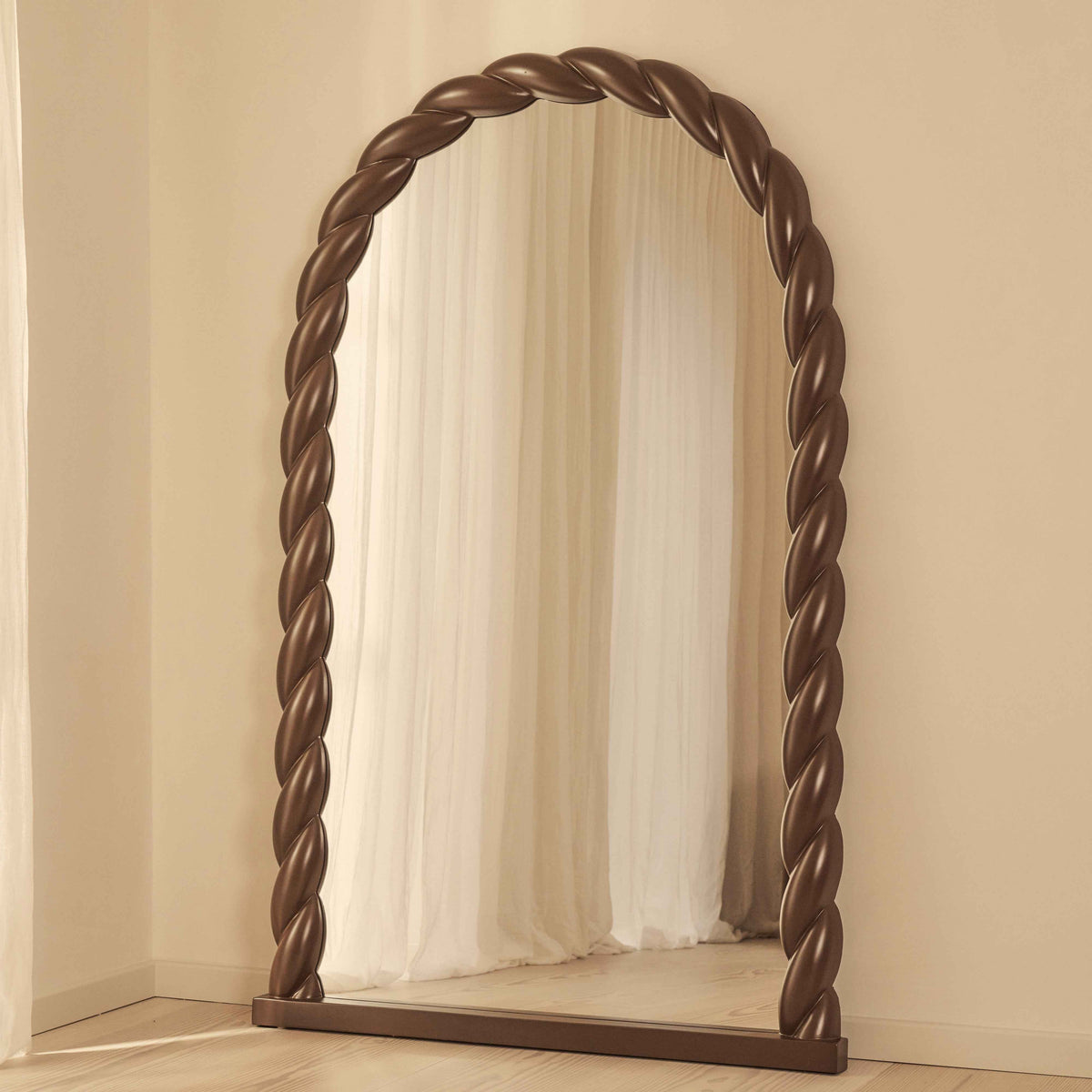Ophelia - Miroir Extra Large Arqué Torsadé en Corde Finition Chocolat Brillant 180cm x 105cm