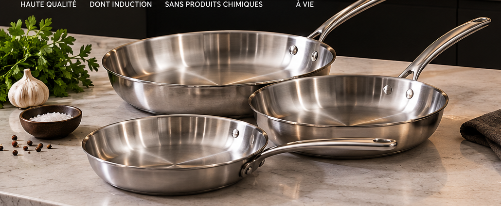 Illustration générée de poêles inox, visuel non contractuel